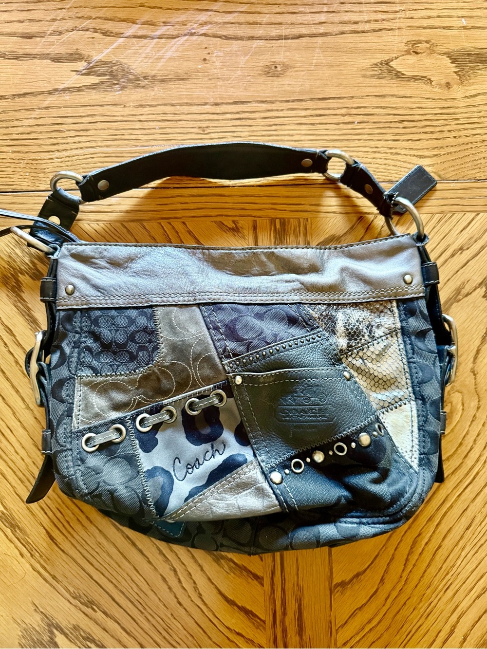 Coach Zoe Boho Y2K Patchwork Signature Shoulder Bag in Gray and Black - Vintage
